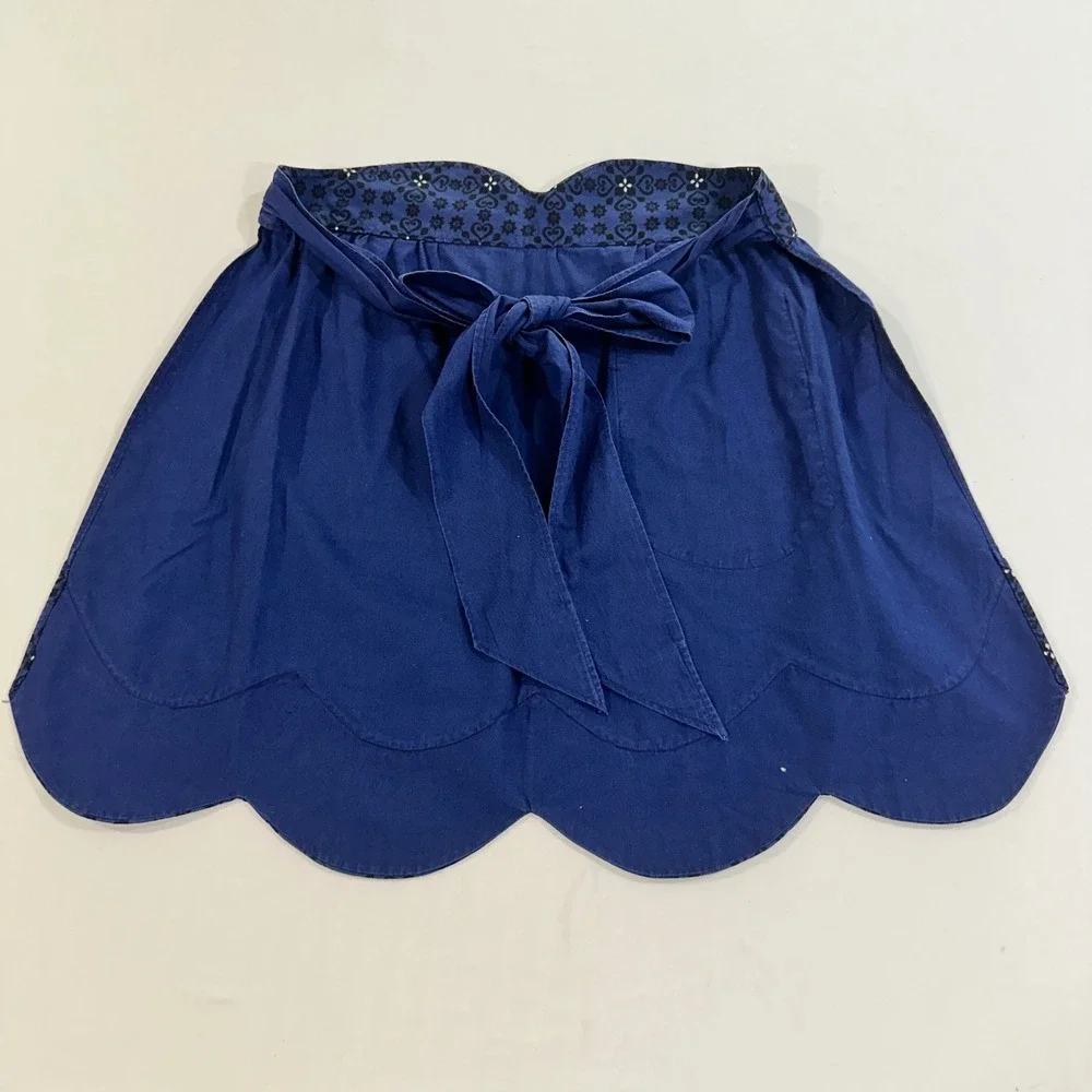Vintage Navy Blue Scalloped Half Apron Heart Print Pocket Cotton One Size
